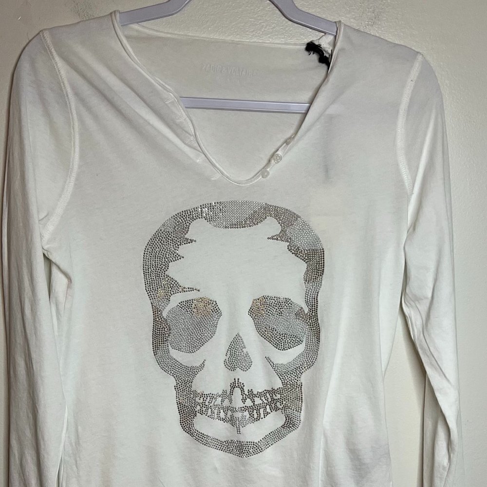 ZADIG & VOLTAIRE Tunisien Tee Top Henley White Rhinestone Skull LS Size S